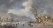 Aert van der Neer A winter landscape with skaters and kolf players on a frozen river oil painting artist